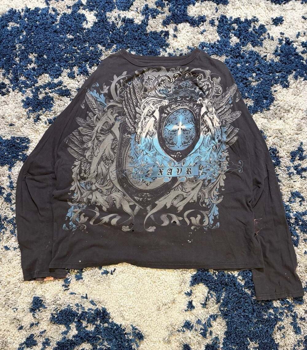 Black Long Sleeve Graphic T-Shirt Size 2X Shield Cross Y2K Grunge